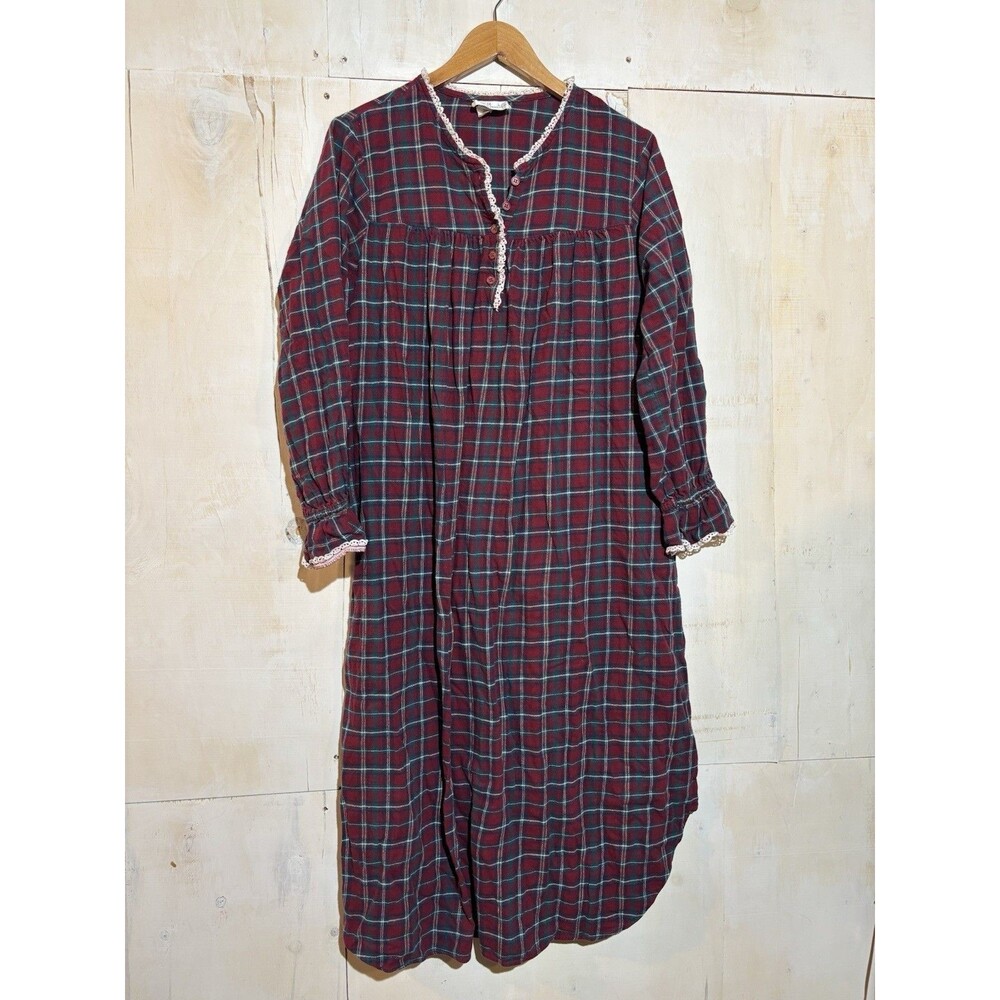 Vtg Red Tartan House Dress M Plaid Nightgown Cottage Flannel Granny Lace Xmas
